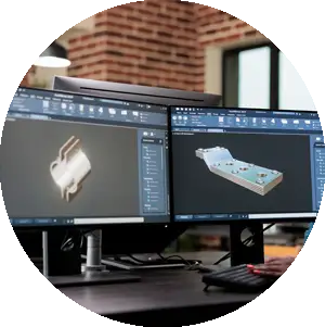 Two monitor showing 3D animation before rendering.
