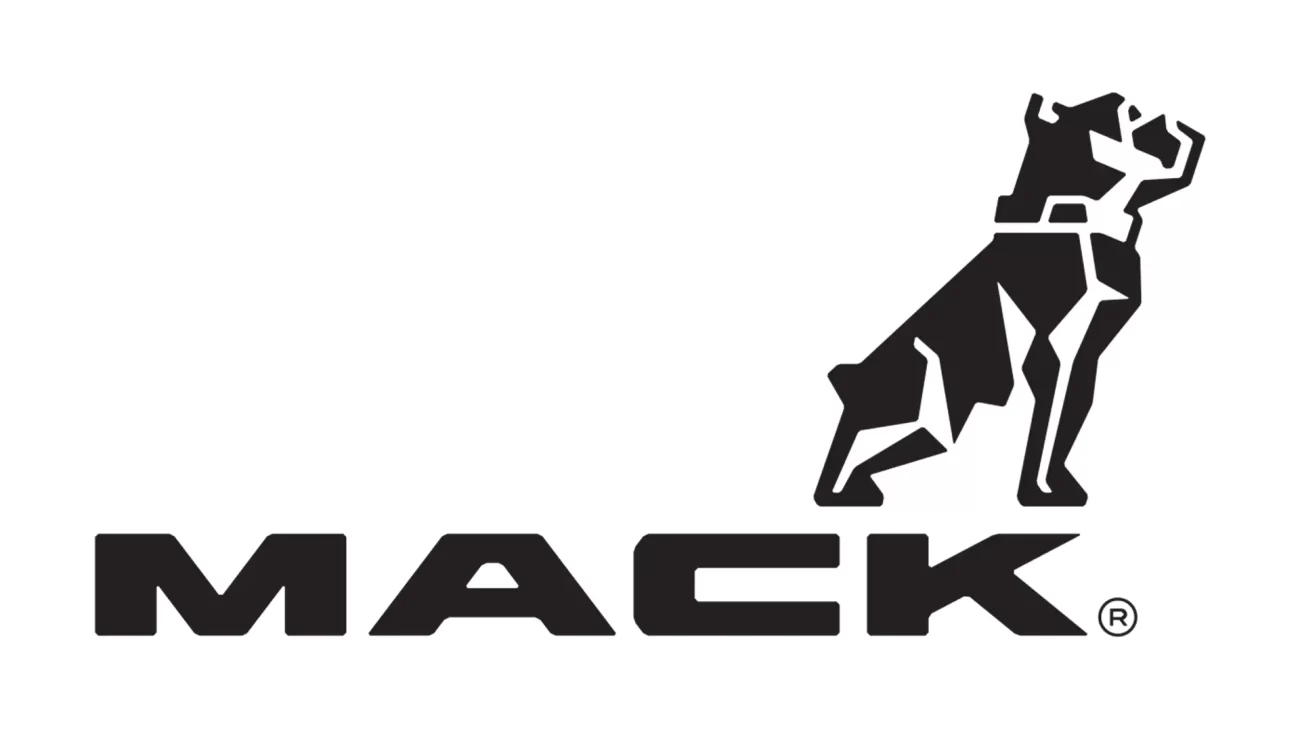 Mack truck logo in black and white.