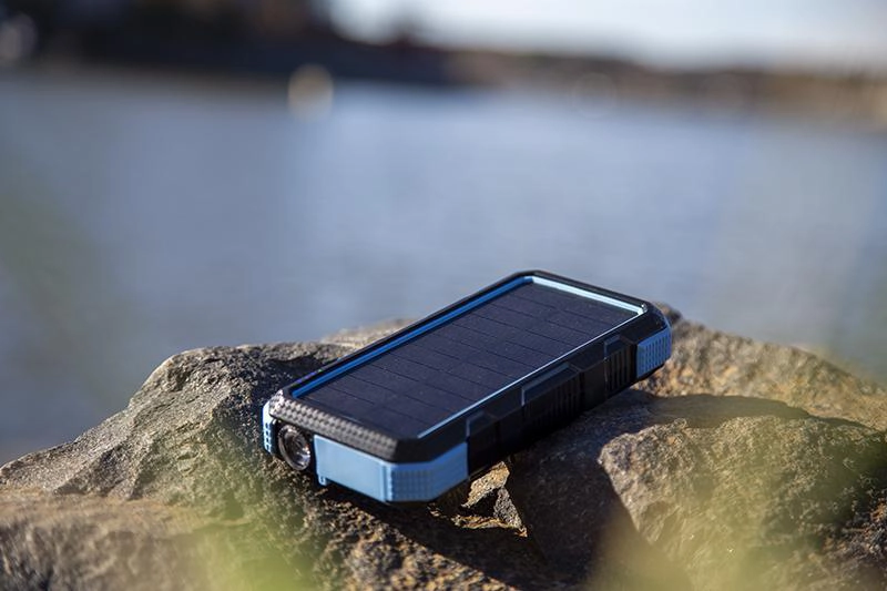 Product shot of solar powered battery pack for individual use.