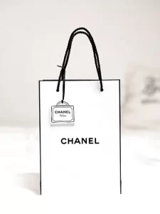 Chanel gift bag on white background.