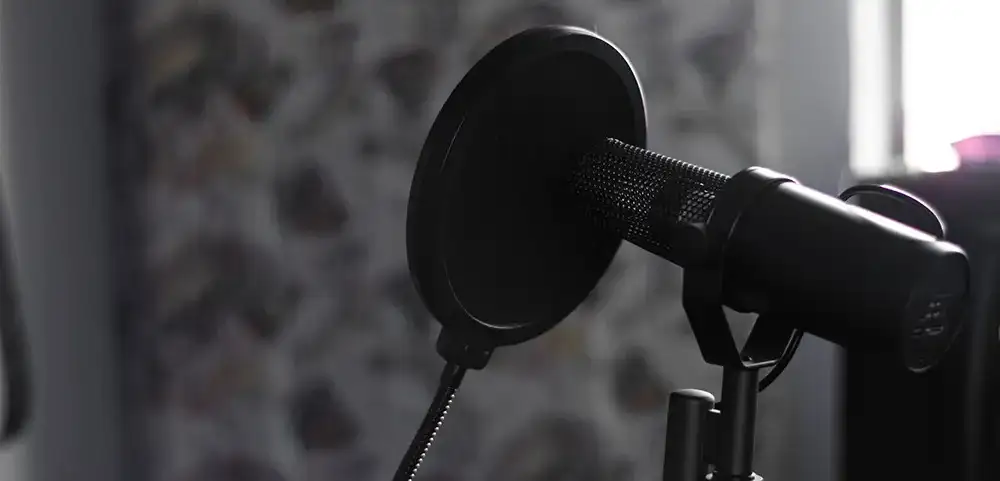 Professional voice actors mic, pop screen, and stand.