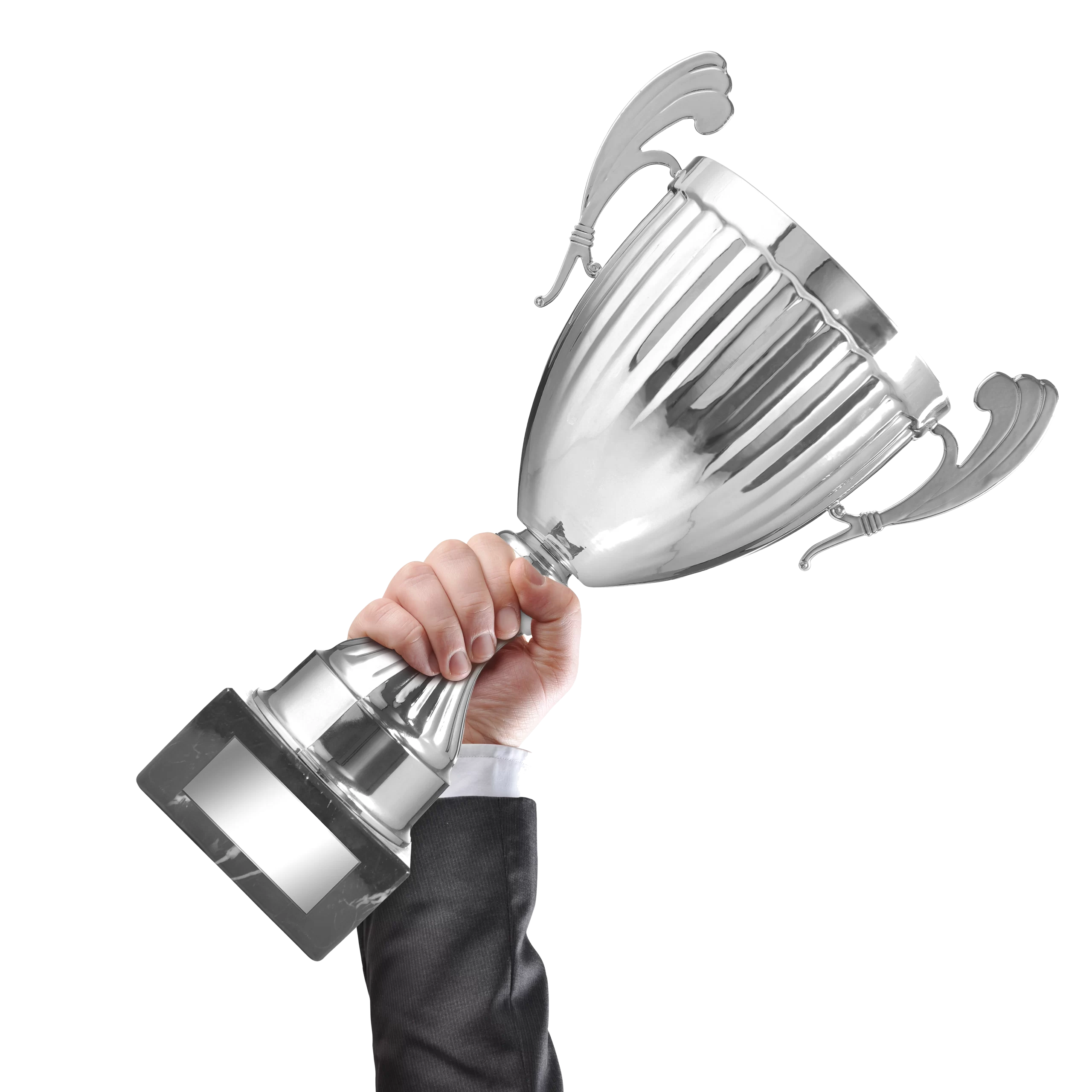 White man's arm in the air holding a silver trophy for winning a photography contest.